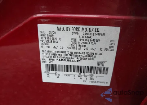 2020 Ford Edge Sel из США, поврежденный, VIN 2FMPK4J91LBB23947